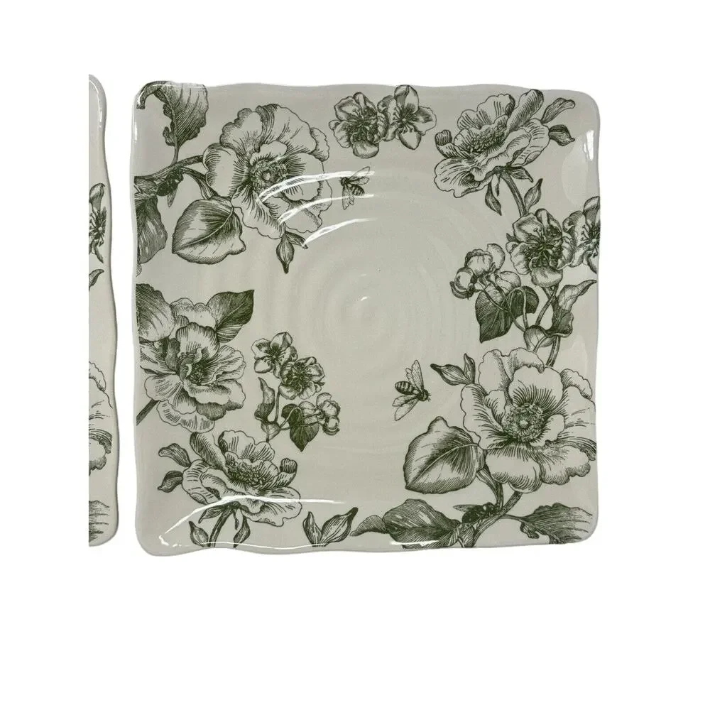 MAXCERA Green Floral Dinner Plates 11in Square Ceramic Set of 2 NEW